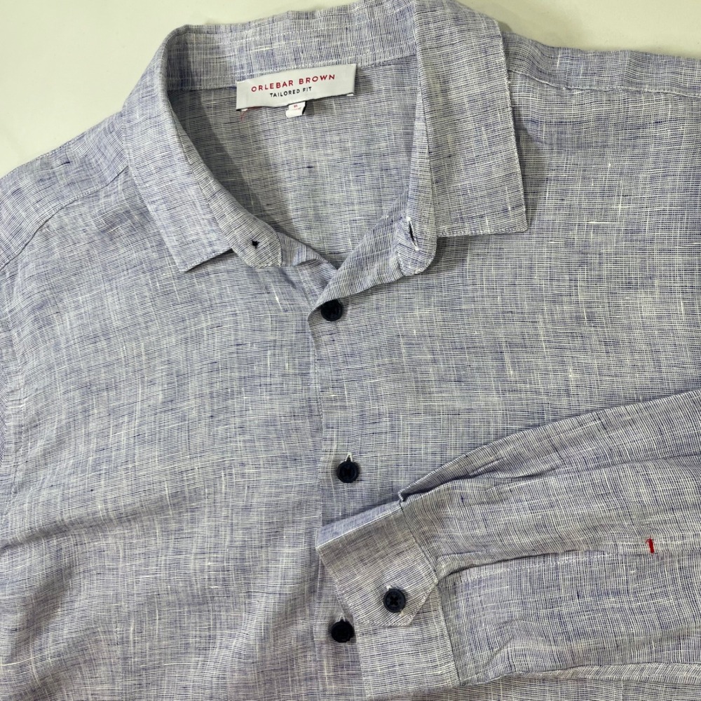 Orlebar Brown Button Down Shirt Mens XL Blue Linen Tailored Fit Long Sleeve